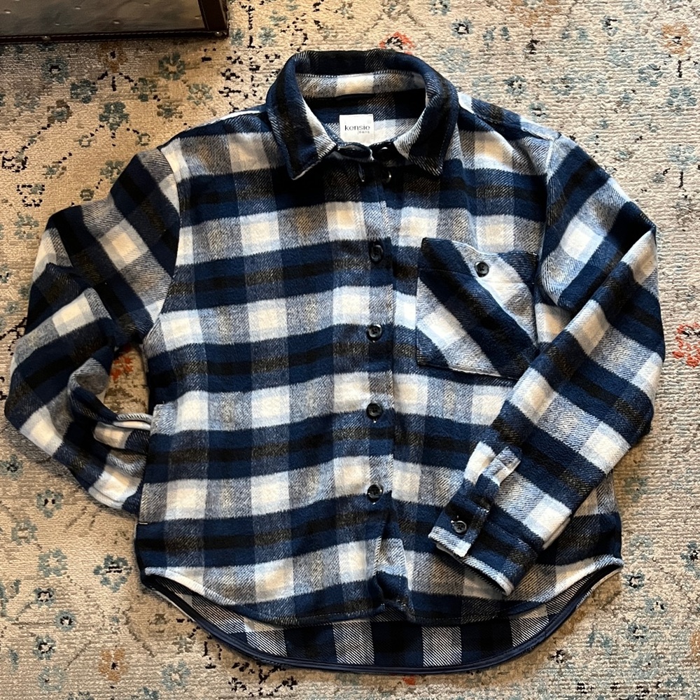 Kensie Blue & Black Plaid Flannel Shacket Pockets